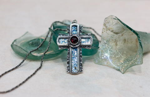 Silver 925 cross pendant roman glass and granite stone