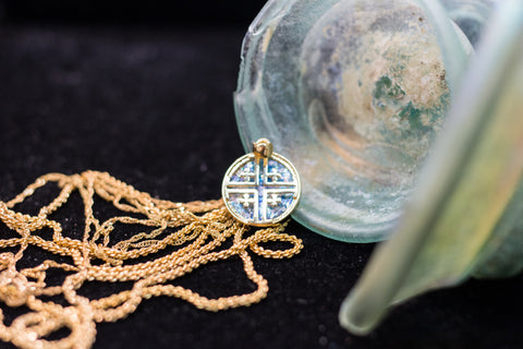 Roman glass Gold plated pendant Jerusalem cross.